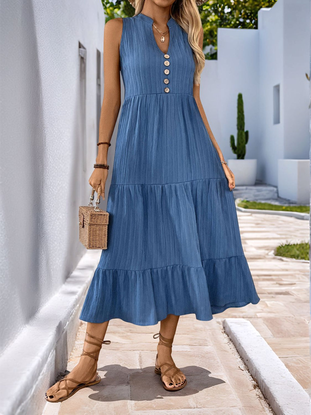 Perfee Decorative Button Notched Sleeveless Tiered Dress