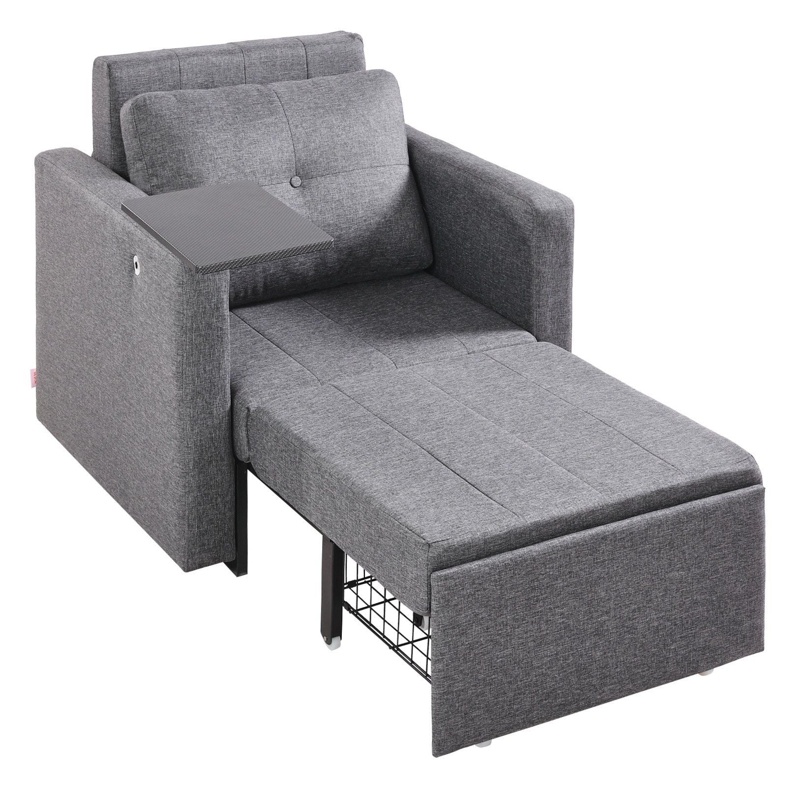 Sleeper Sofa Bed, Convertible Sleeper Bed with Side Pocket, Pillow, Armrest and Desk Board, 5 Adjustable Angles Backrest, Single Pull Out Sofa Couch with 2 Wheels and Bottom Storage, Gray