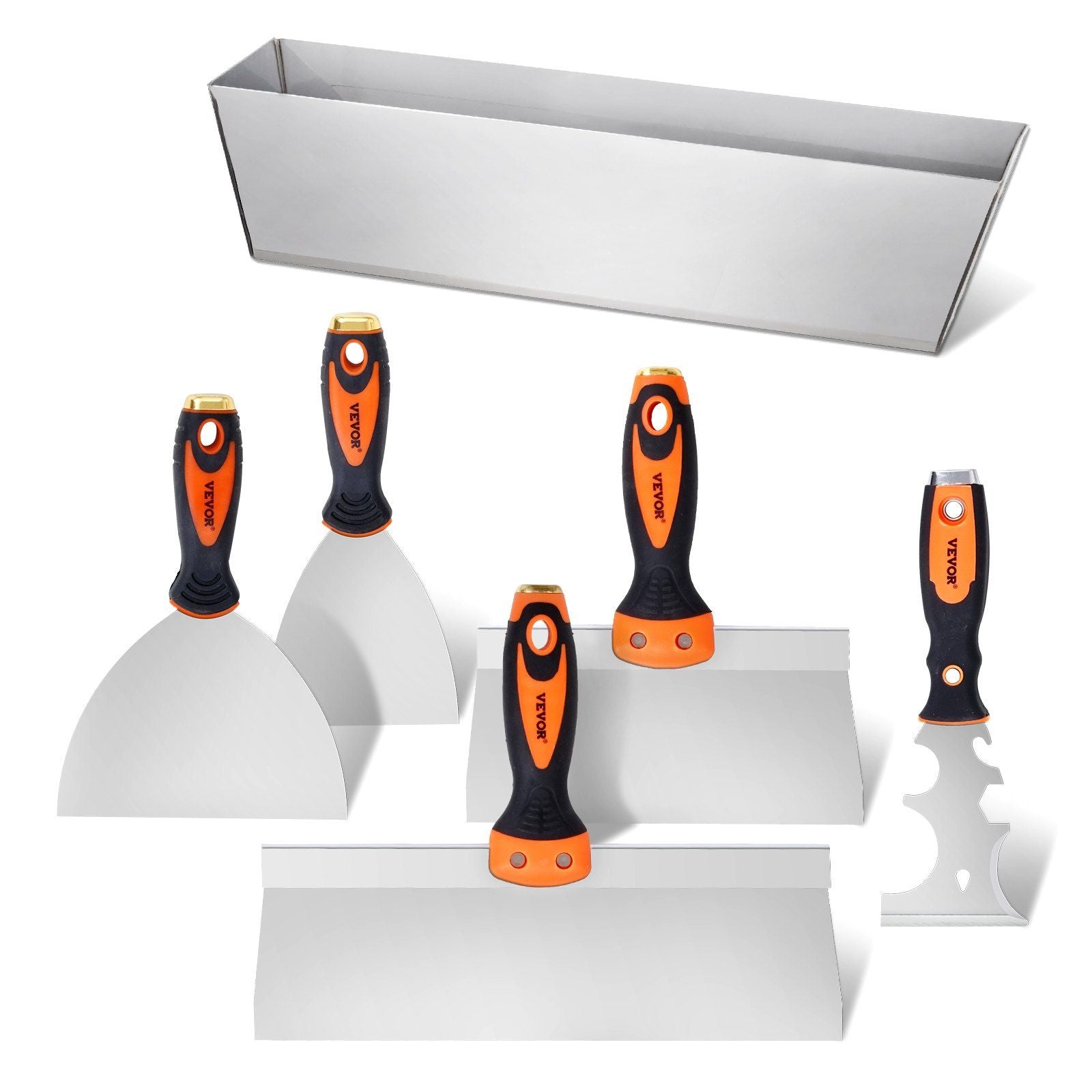 6PCS Drywall Knife Set , Stainless Steel Paint Scraper Putty Knife 3'' 4'' 6'' 8'' 12'' with Mud Pan