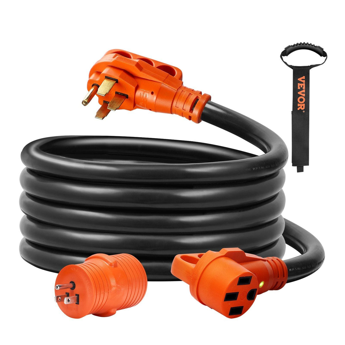 15 ft RV Extension Cord, 50 Amp, Heavy Duty STW RV Power Cord, NEMA 14-50R Female NEMA 14-50P Male Plug, with LED Indicator Handle 15A Adapter, for RVs, trams, generators, campers, ETL Listed