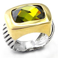 7X127 - Reverse Two-Tone Brass Ring with AAA Grade CZ in Olivine color