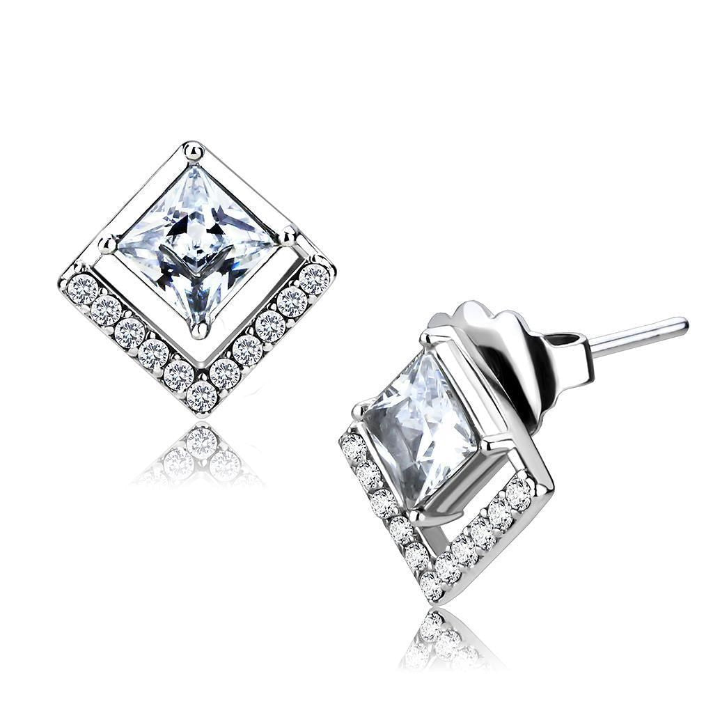 DA071 - High polished (no plating) Stainless Steel Earrings with AAA Grade CZ in Clear