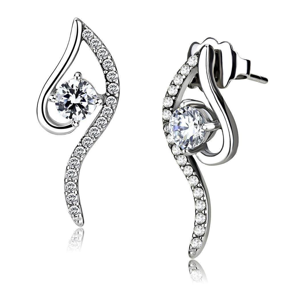 DA177 - High polished (no plating) Stainless Steel Earrings with AAA Grade CZ in Clear