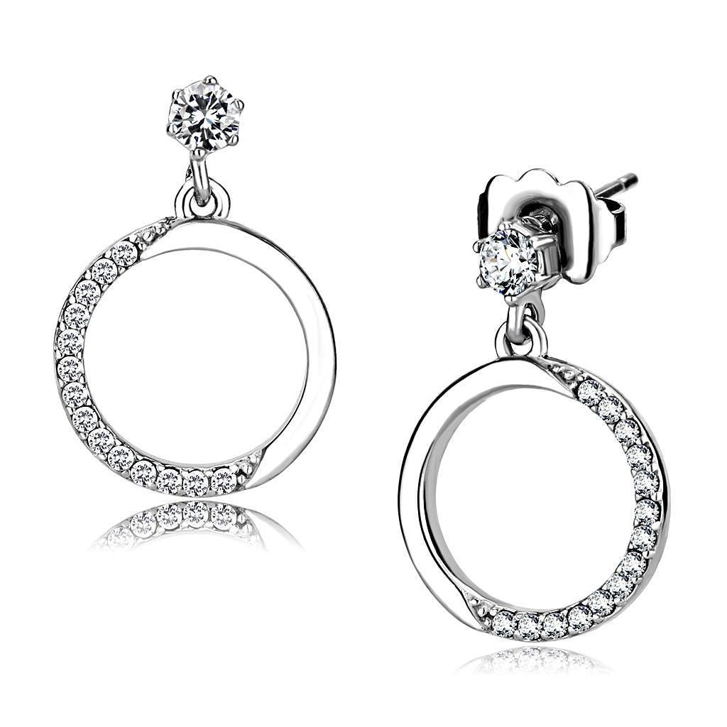 DA180 - High polished (no plating) Stainless Steel Earrings with AAA Grade CZ in Clear