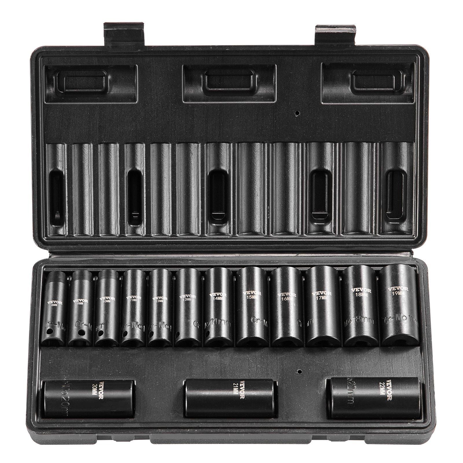 Impact Sockets Set 15pcs 6-Point 3/8in Drive Bit Ratchet Tool Kit Case