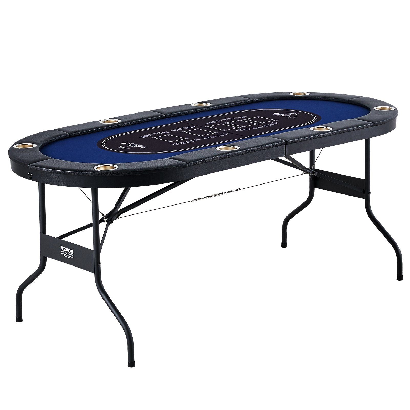 8 Player Foldable Poker Table, Blackjack Texas Holdem Poker Table with Padded Rails and Stainless Steel Cup Holders, Portable Folding Card Board Game Table, 72" Oval Casino Leisure Table, Blue