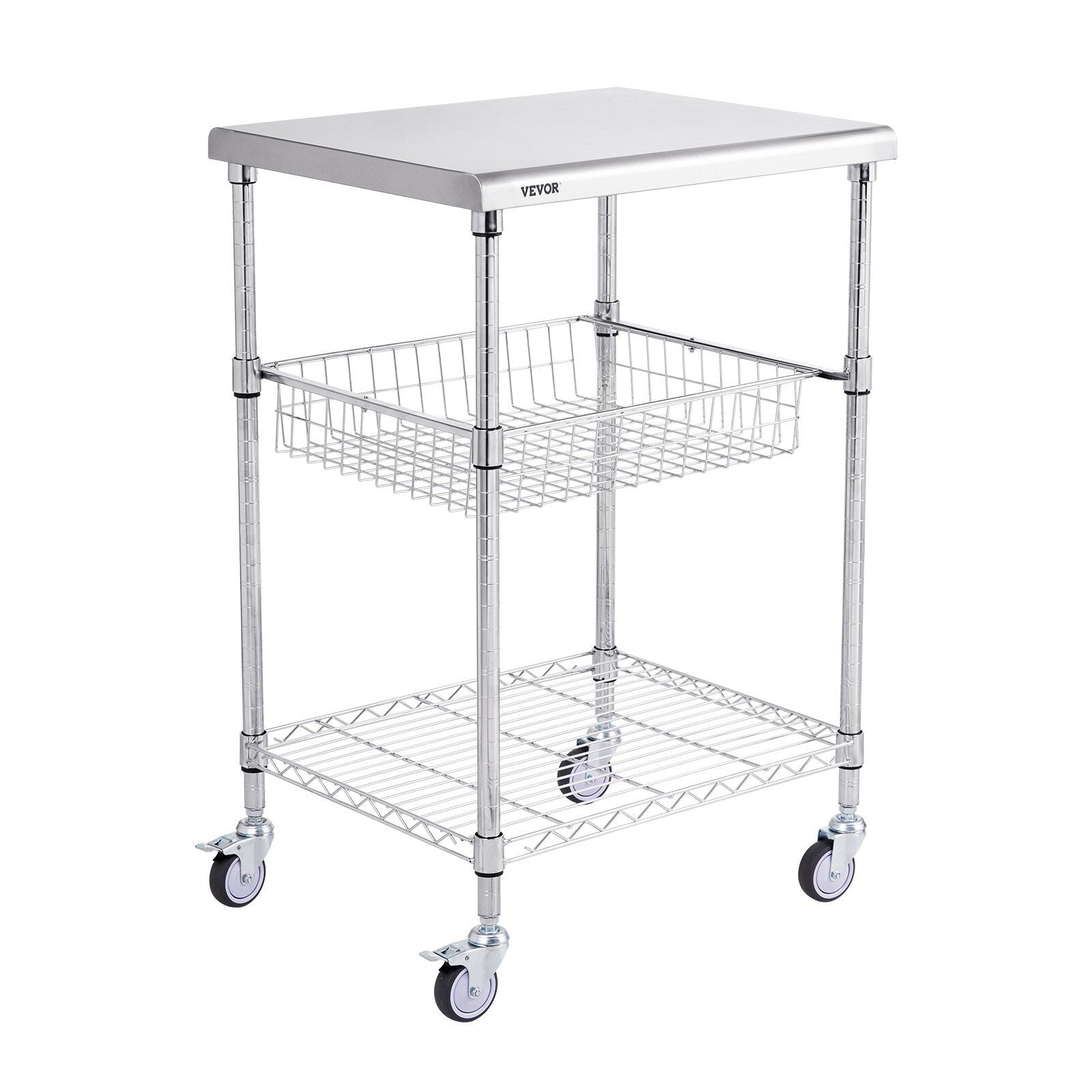 3-Tier Utility Cart Rolling Cart on Wheels 24"x20"x36.6" 470 LBS 6 Hooks