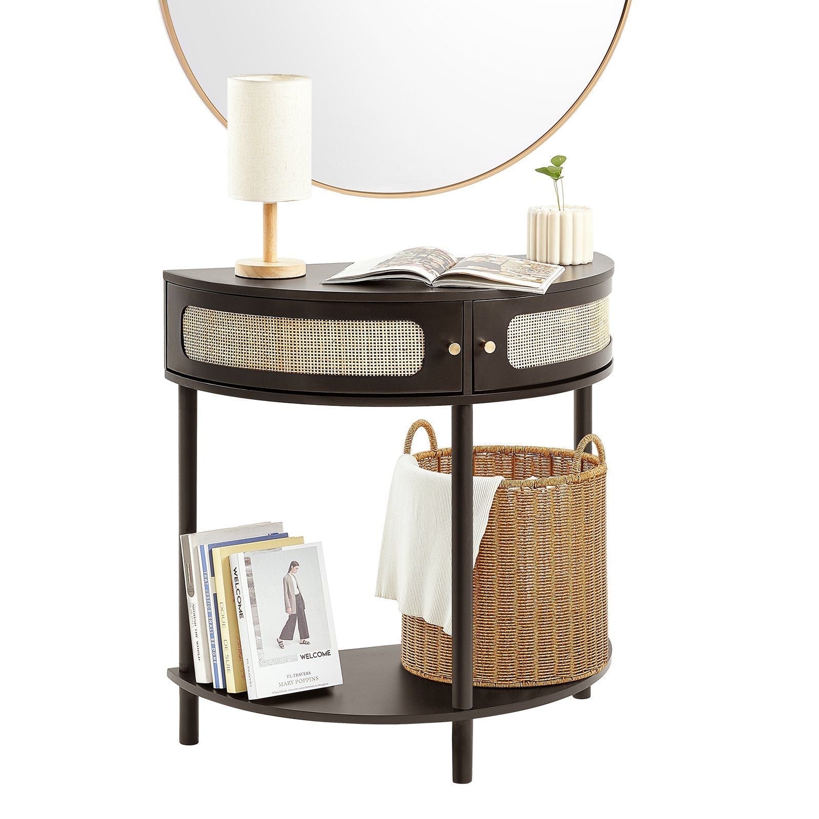 Half-moon Rattan Console Table 2 Storage Drawers Rattan Sliding Door Black