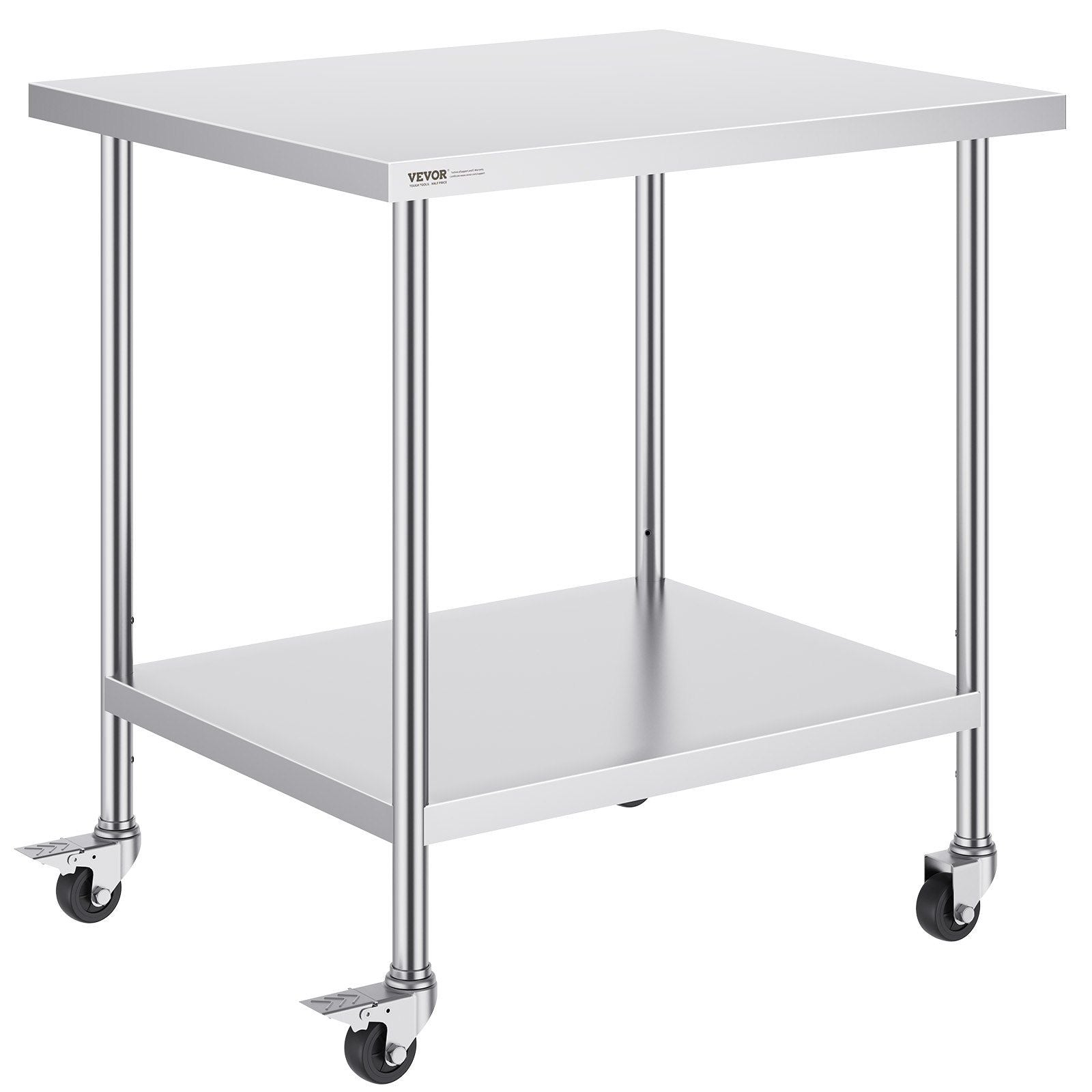 Stainless Steel Work Table 30 x 36 x 38 Inch, with 4 Wheels, 3 Adjustable Height Levels, Heavy Duty Food Prep Worktable for Commercial Kitchen Restaurant, Silver