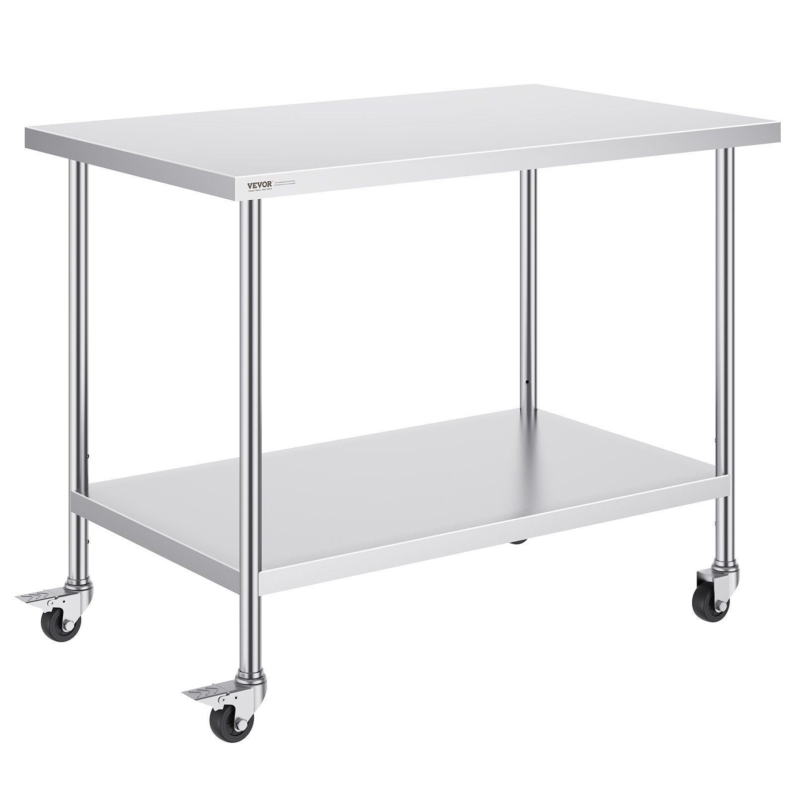 Stainless Steel Work Table 30 x 48 x 38 Inch, with 4 Wheels, 3 Adjustable Height Levels, Heavy Duty Food Prep Worktable for Commercial Kitchen Restaurant, Silver