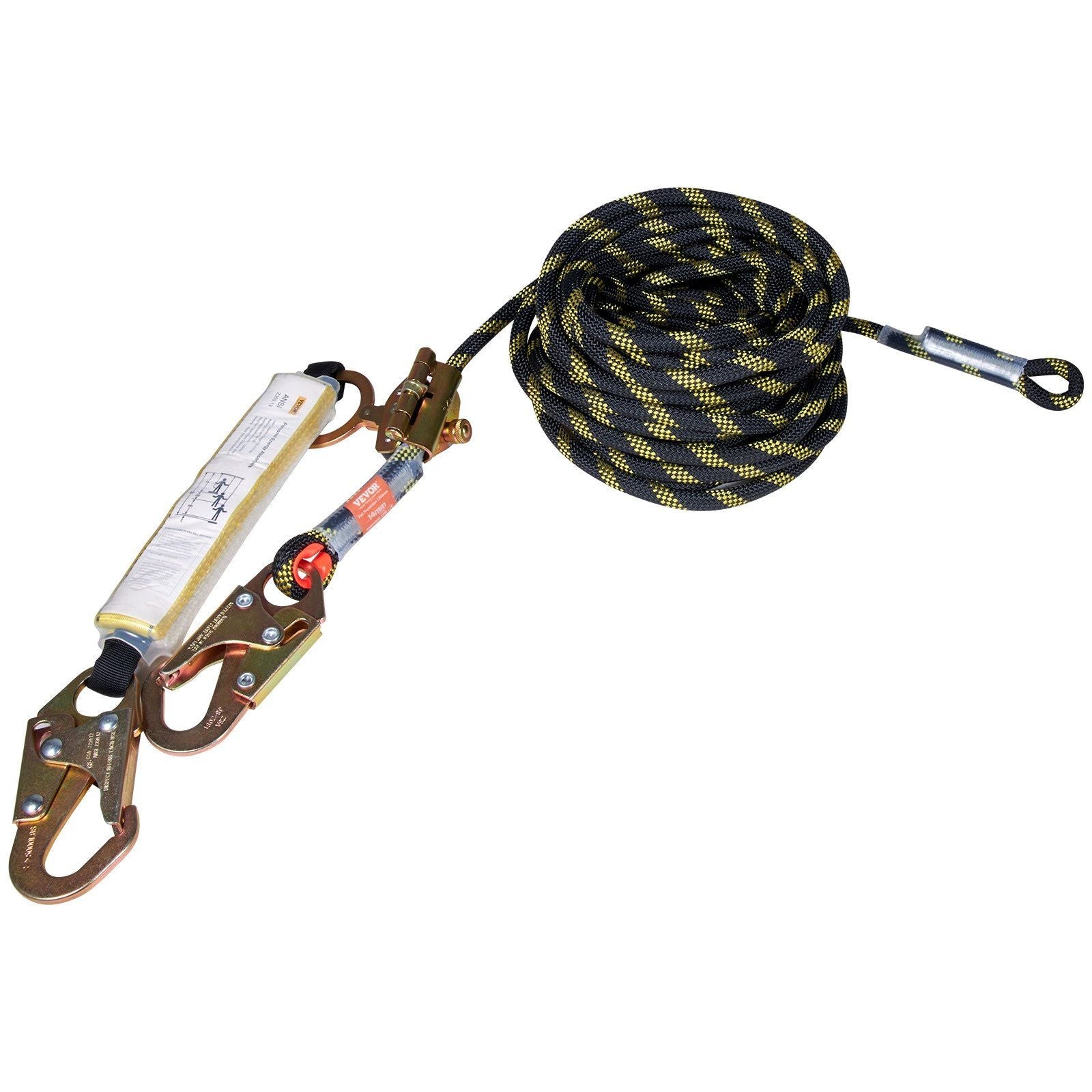 Vertical Lifeline Assembly, 0.55'' x 100' Fall Protection Rope with 30 KN Breaking Tension, Polyester Roofing Rope with Steel Snap Hooks, Rope Grab, and Shock Absorber, ANSI Compliant