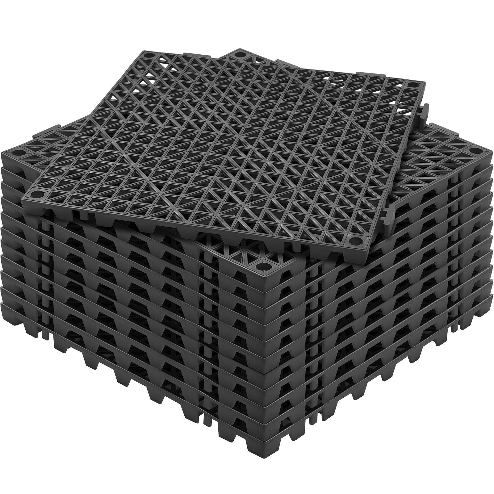 Modular Interlocking Cushion, 12 Pack 12" x 12" Splicing Drainage Mats, PVC Interlocking Drainage Floor Tiles, Non-Slip Drainage Holes for Restroom, Bathroom, Kitchen, Pool, Wet Areas, Black