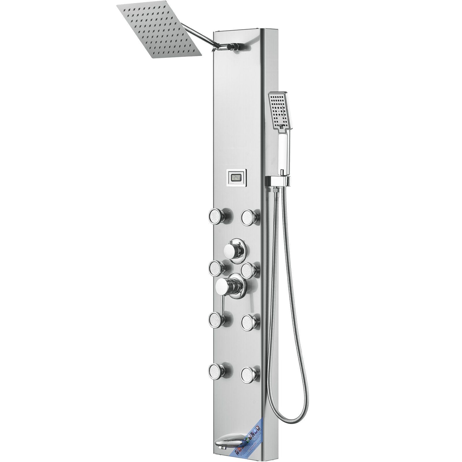 Shower Panel System, 5 Shower Modes, Digital Display Shower Panel Tower, Rainfall, 8 Massage Jets, Tub Spout, 3-Setting Handheld Shower Head 59" Hose, Stainless Steel Wall-Mounted Shower Set
