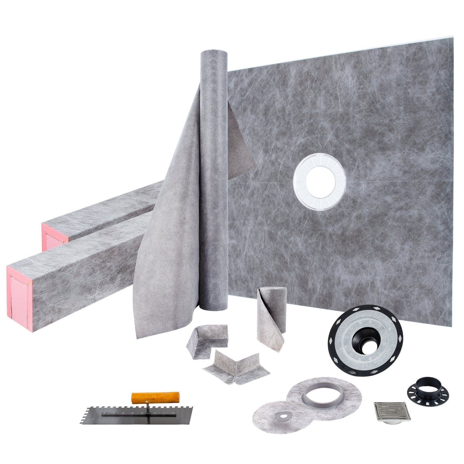Shower Curb Kit, 48"x48" Watertight Shower Curb Overlay with 4" PVC Central Bonding Flange, 4" Stainless Steel Grate, 2 Cuttable Shower Curb and Trowel, Shower Pan Slope Sticks Fit for Bathroom
