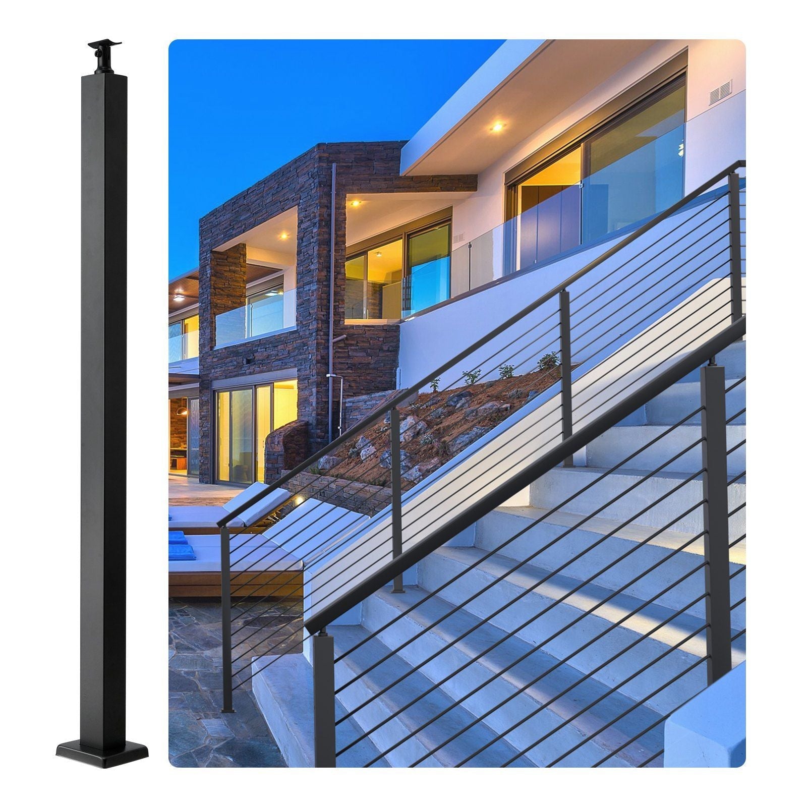 Cable Rail Post Level Deck Stair Post 42 x 1.97 x 1.97" Cable Handrail Post Stainless Steel Brushed Finishing Deck Railing DIY Picket Without Hole Stair Railing Kit with Mount Bracket Black