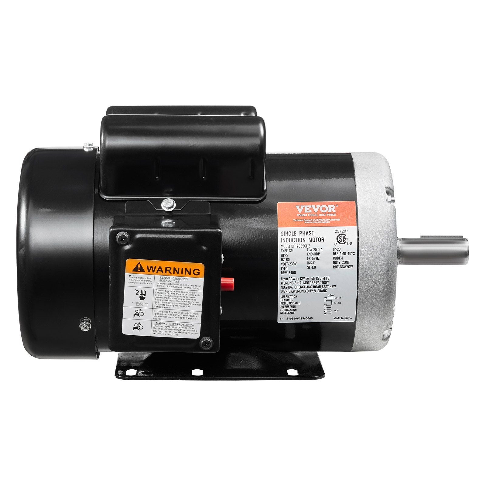 5HP Air Compressor Electric Motor 230V 25A 3450RPM 56Hz Frame CW/CCW Rotation