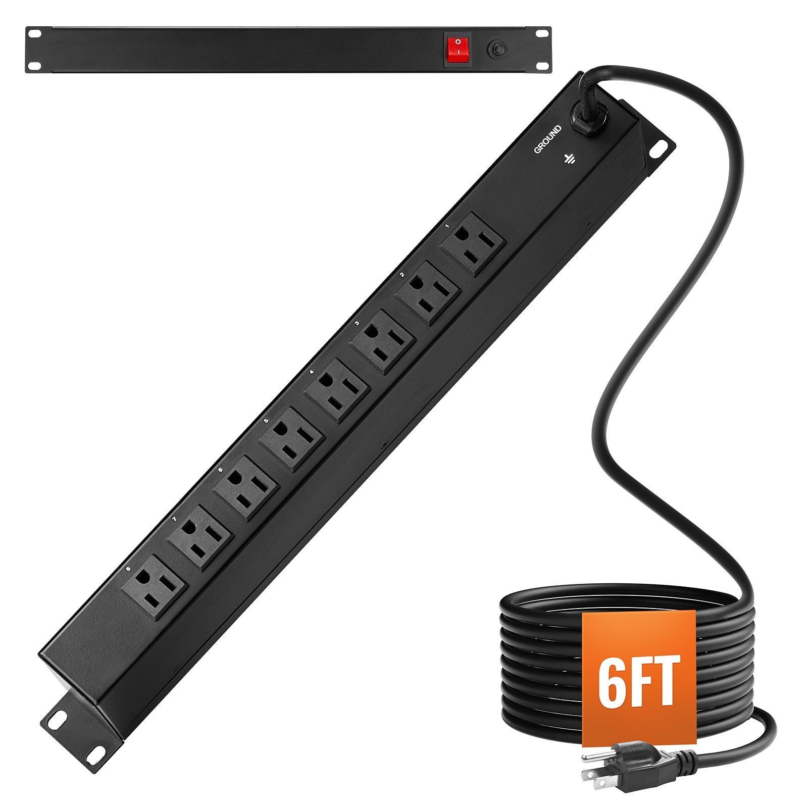 19" 1U PDU 8 Outlets Rack Mount Power Strip Surge Overload Protection