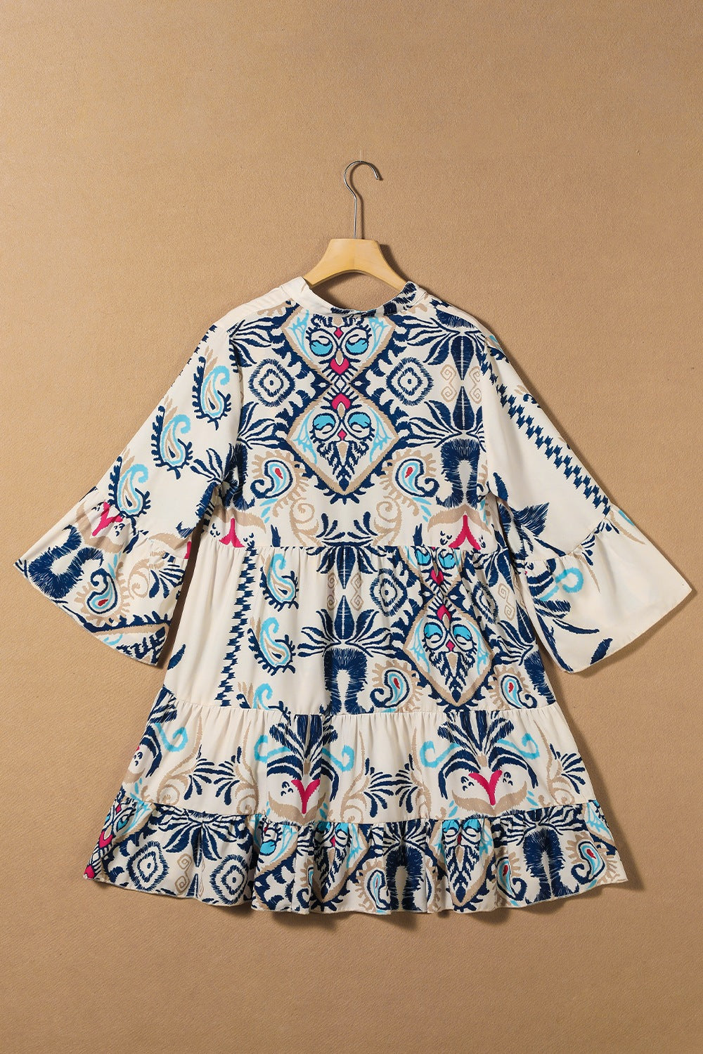 Printed Notched Three-Quarter Sleeve Mini Dress