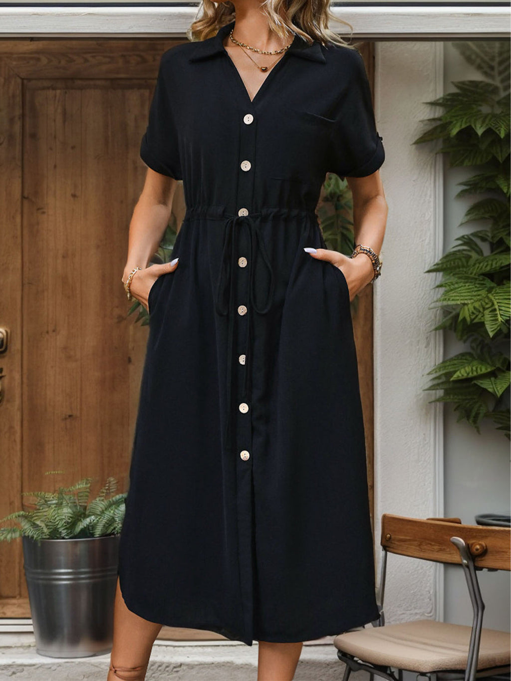 Perfee Slit Drawstring Button Up Short Sleeve Midi Dress