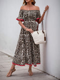 Perfee Leopard Off-Shoulder Flounce Sleeve Midi Dress