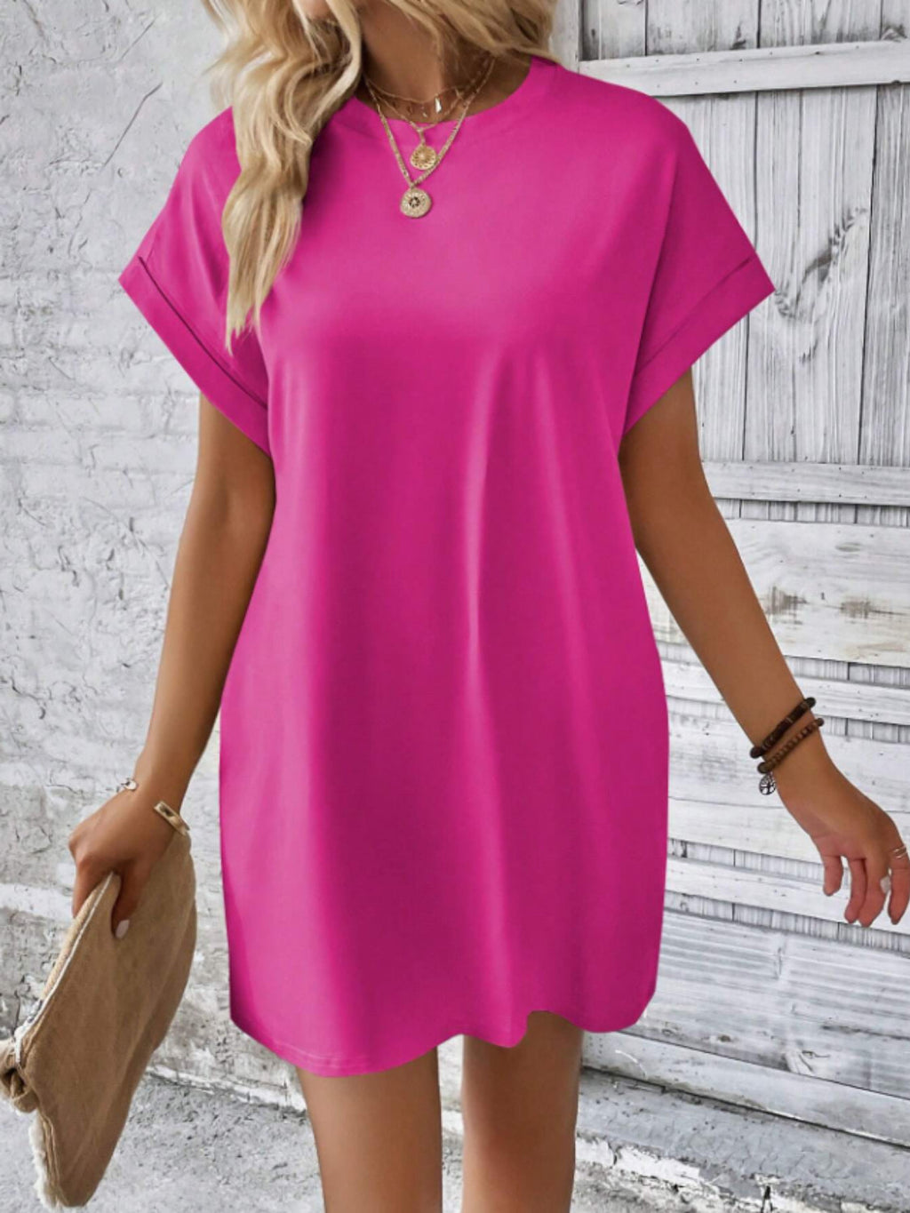Round Neck Short Sleeve Mini Tee Dress with Pockets