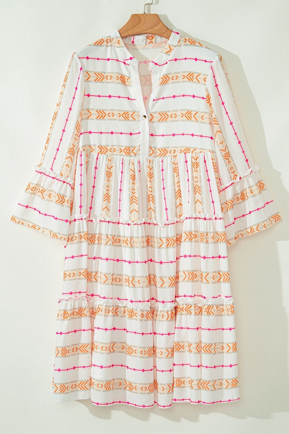 Printed Ruffled Notched Loose Dress