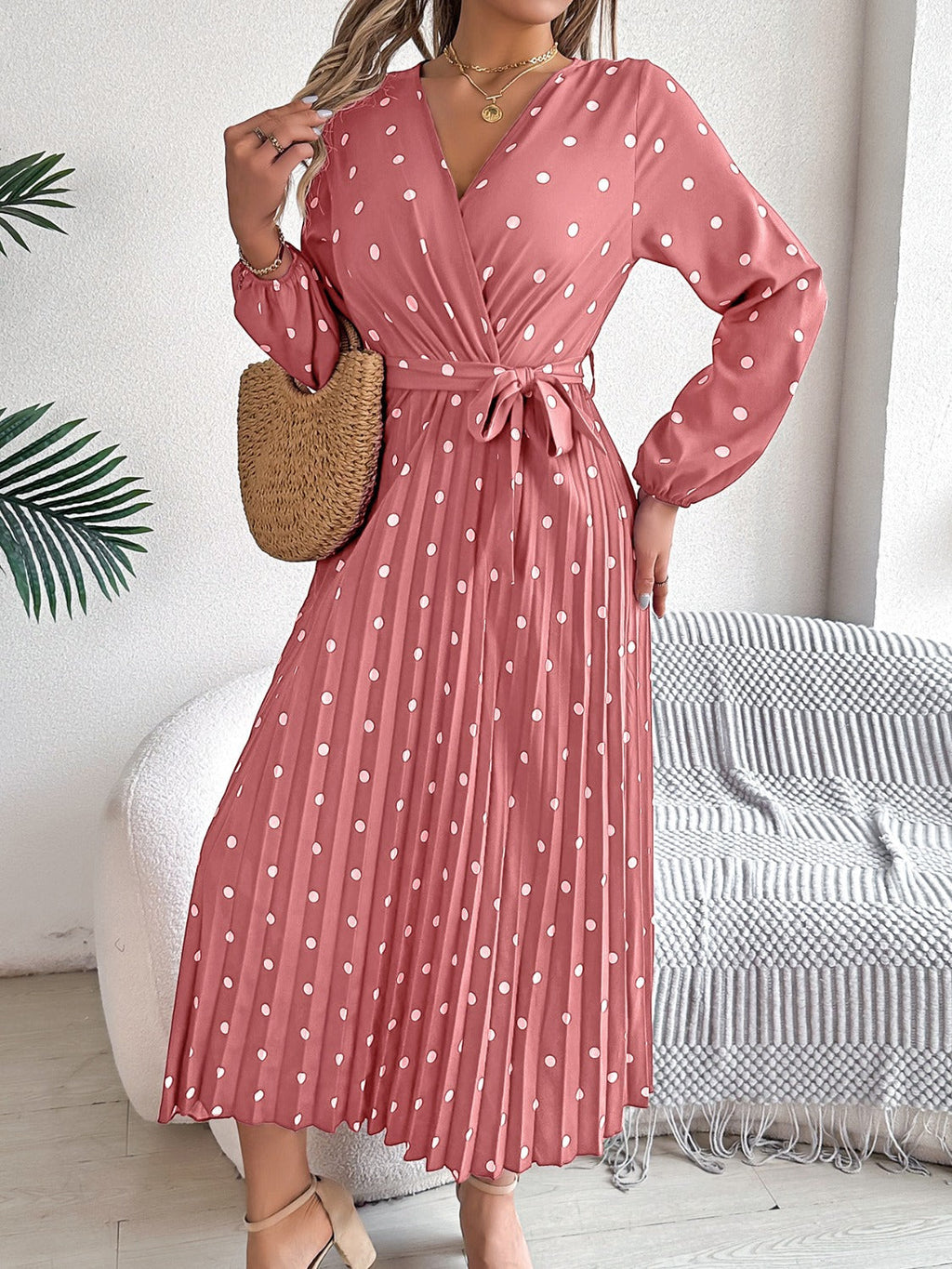 Tied Polka Dot Long Sleeve Midi Dress