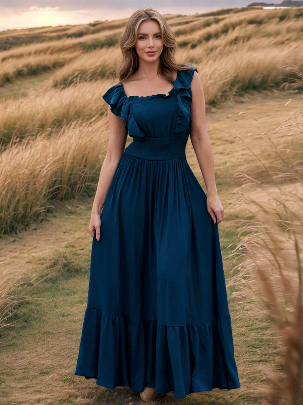 Ruffled Smocked Square Neck Maxi Dress