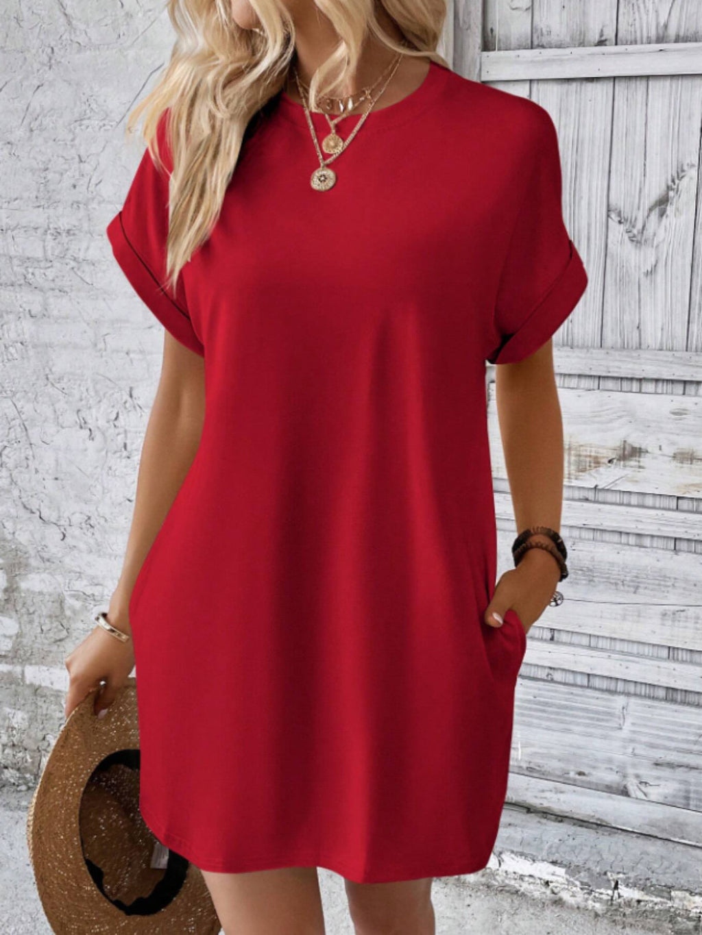 Round Neck Short Sleeve Mini Tee Dress with Pockets
