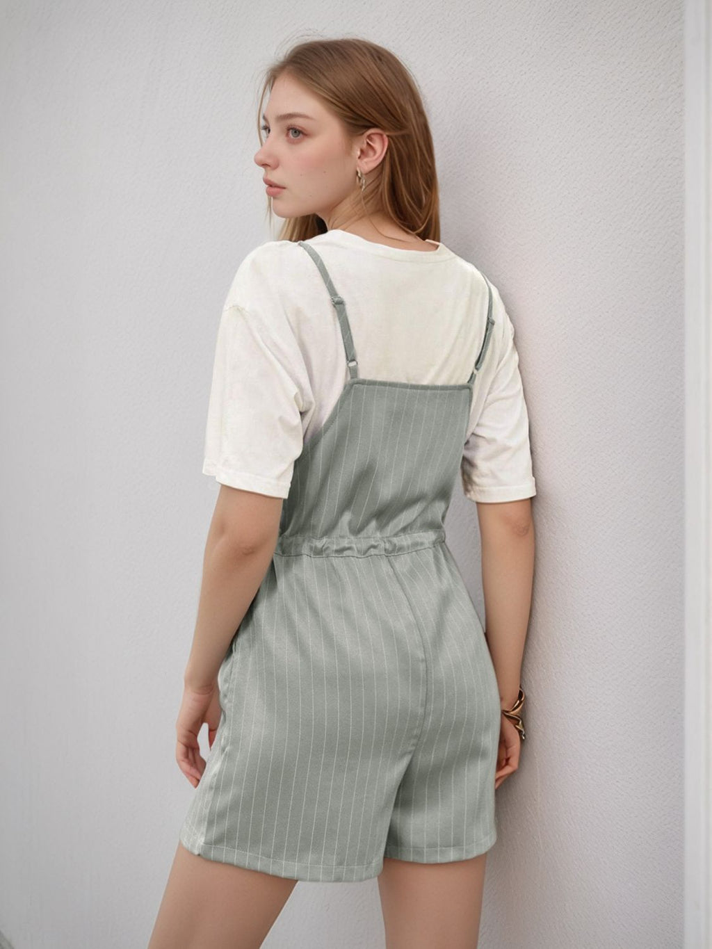 Perfee Drawstring Waist Striped Overalls with Pockets