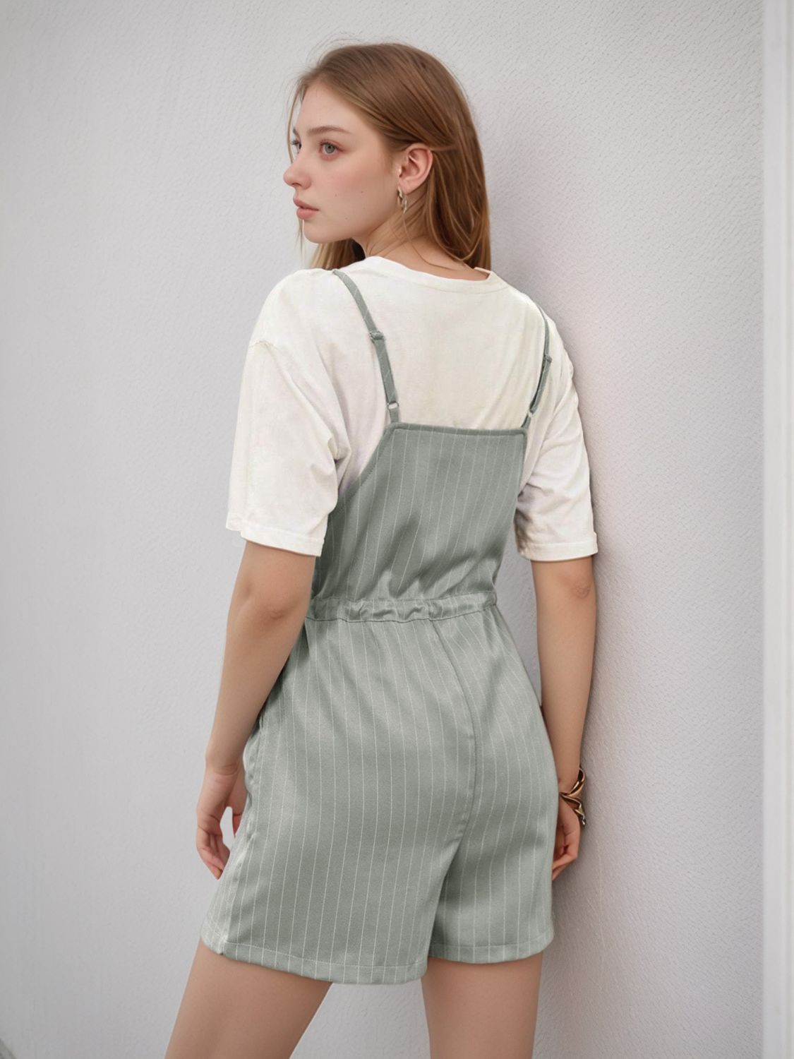 Perfee Drawstring Waist Striped Overalls with Pockets