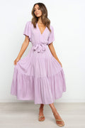 Tied Back Tiered Short Sleeve Midi Dress