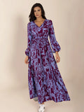 Printed Tie Neck Balloon Sleeve Maxi Dress