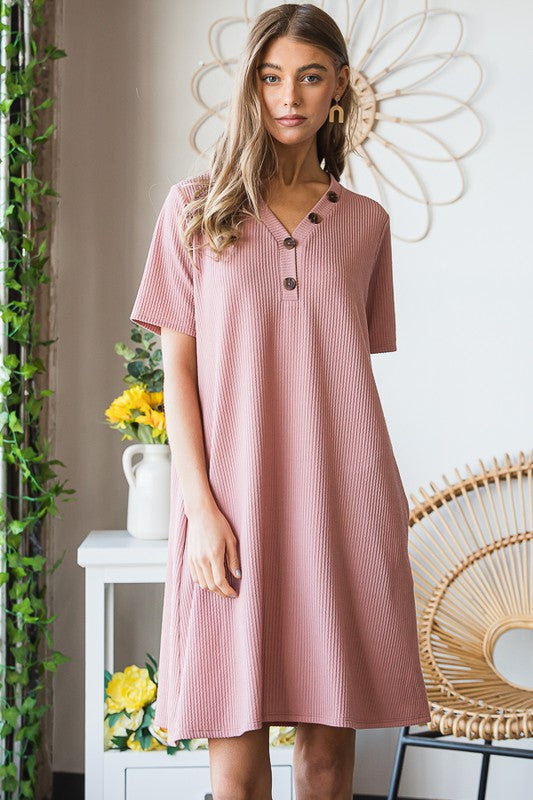 Heimish Full Size Solid Ribbed Mini Dress with Button Plus Size