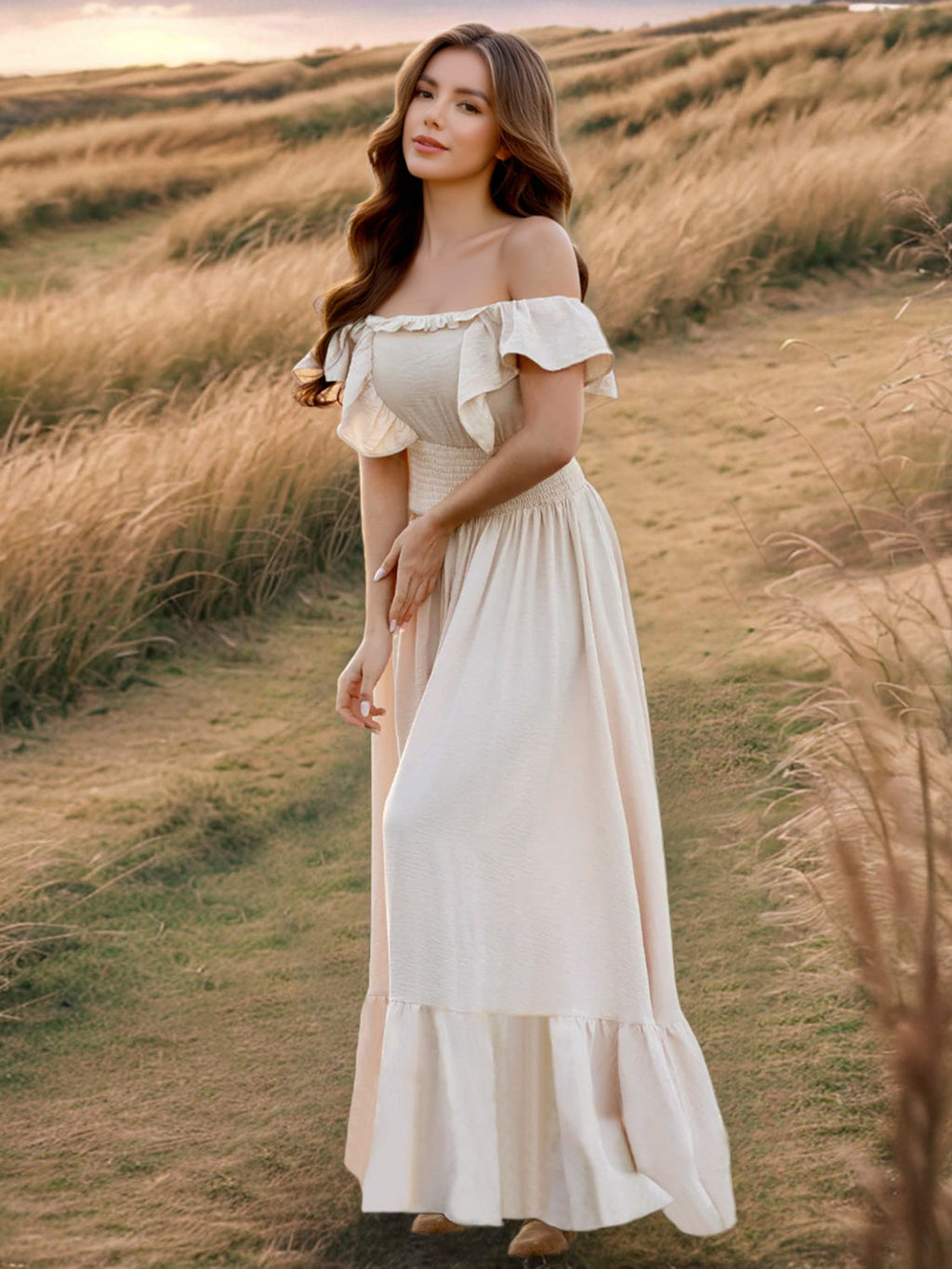 Ruffled Smocked Square Neck Maxi Dress