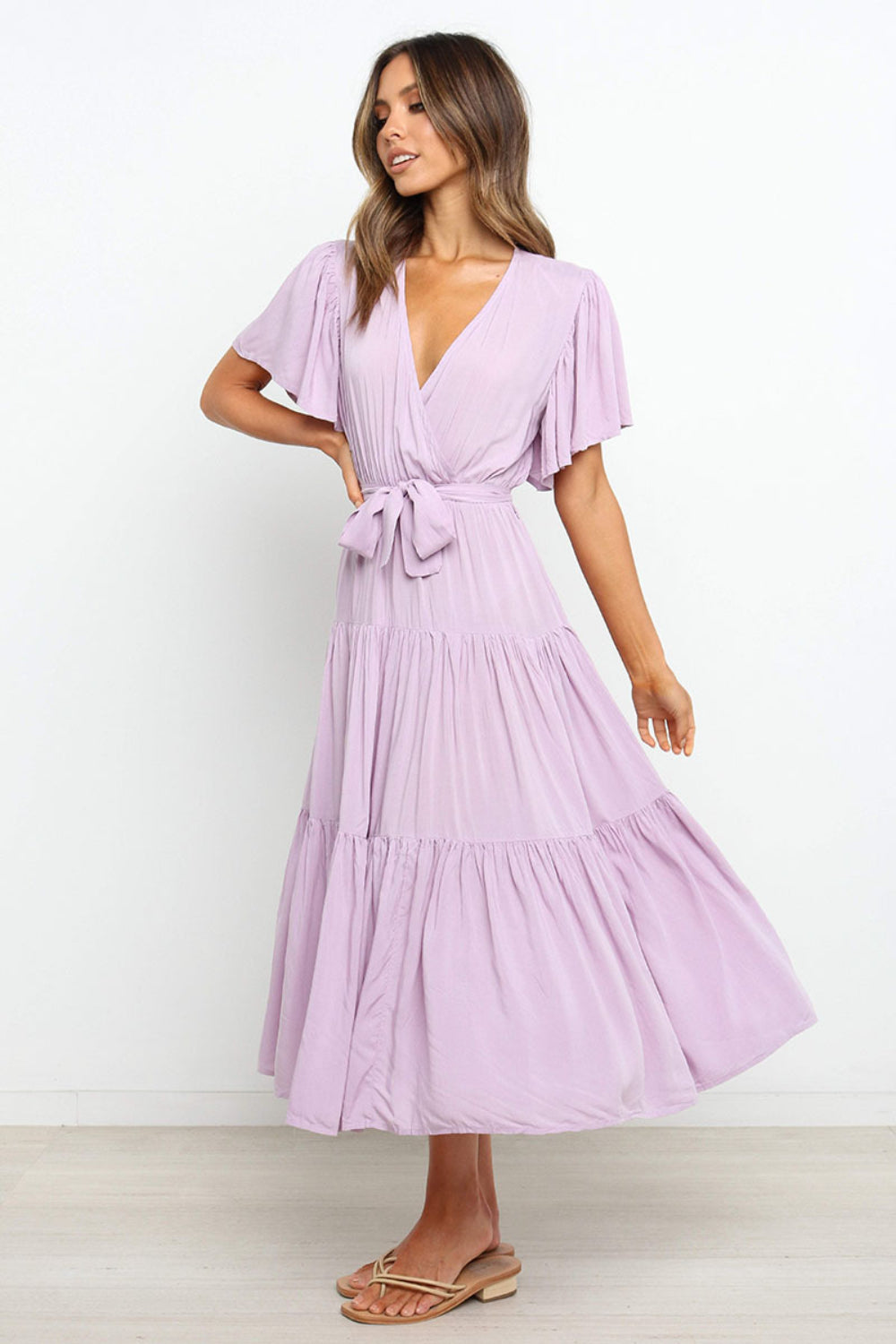 Tied Back Tiered Short Sleeve Midi Dress