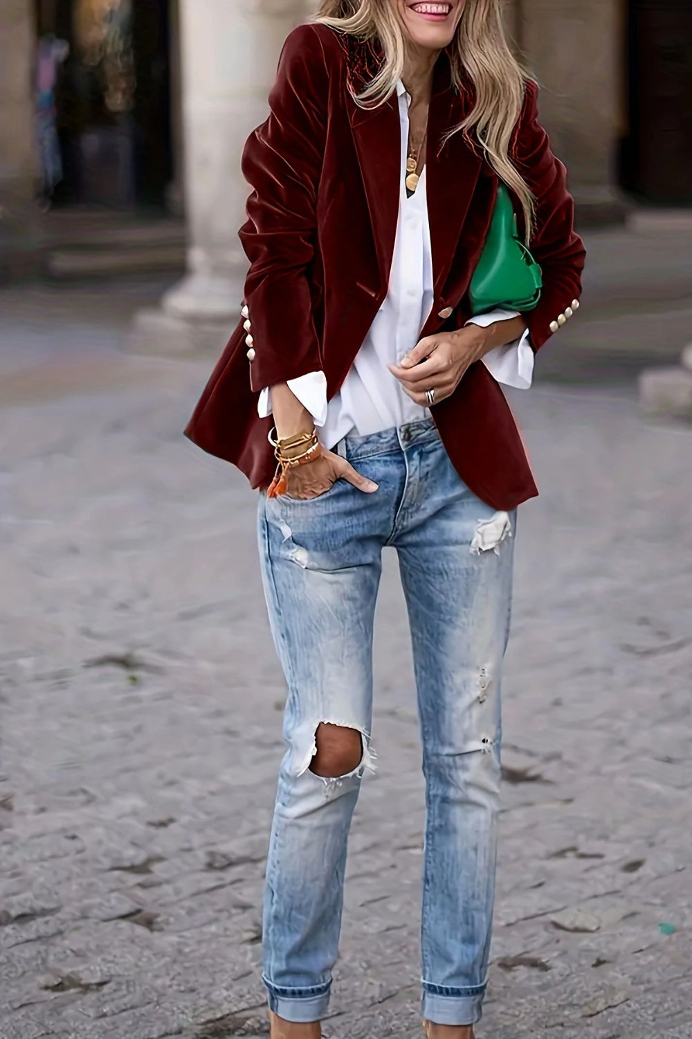 One Button Lapel Collar Long Sleeve Blazer