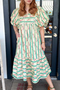 Striped Floral Print Tie Neck Puff Sleeve Midi Dress