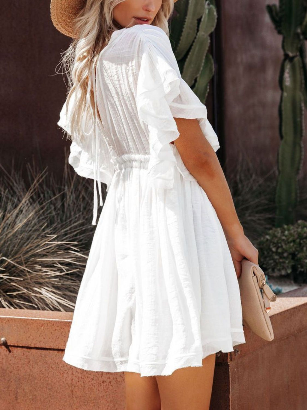 Drawstring Ruffled Half Sleeve Mini Dress