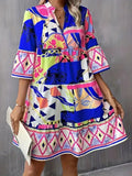 Printed Notched 3/4 Sleeve Tiered Dress