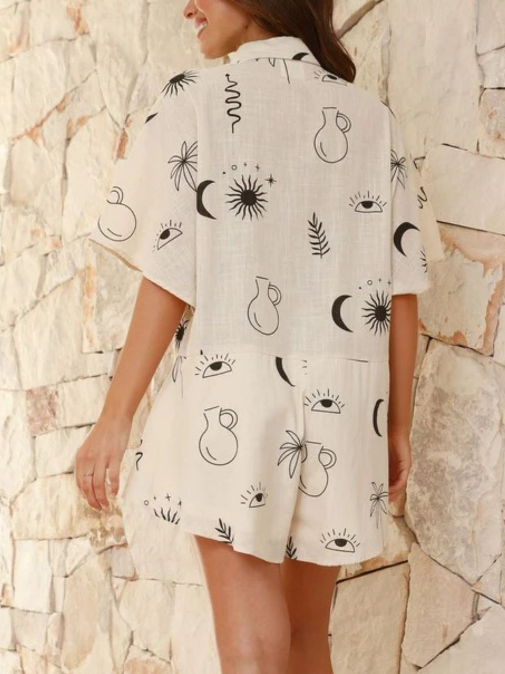 Printed Collared Neck Half Sleeve Romper