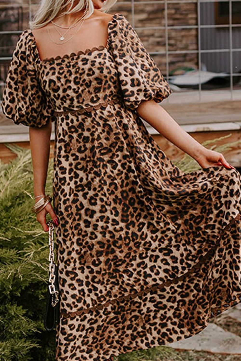 Leopard Square Neck Puff Sleeve Maxi Dress