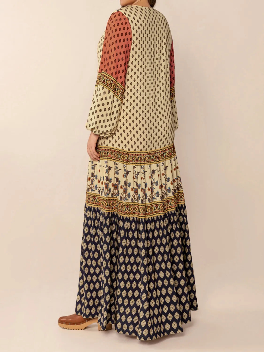 Printed V-Neck Balloon Sleeve Maxi Dress
