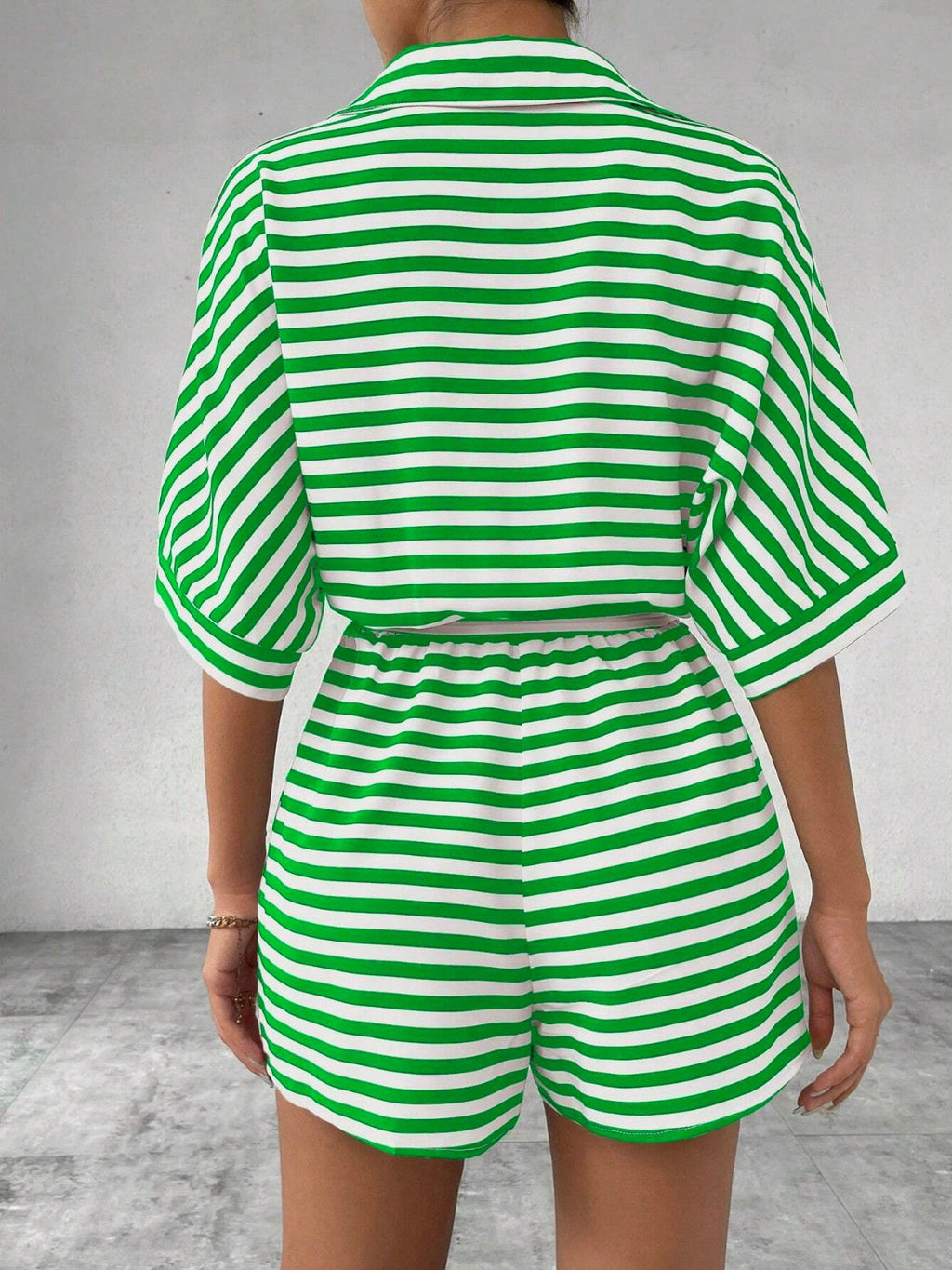 Tie Waist Half Button Striped Romper