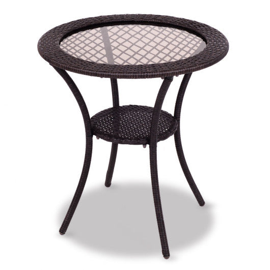 PE Wicker Patio Bistro Table Round with Tempered Glass Top and Shelf
